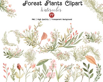 Watercolor Forest Plants Clipart, Unique Plants PNG, Floral Elements Clip Art, Watercolor Forest Png, Instant Download