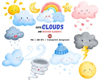 Cute Clouds Clipart, Watercolor Rainy & Sunny Sky Elements, Rainbow Png, Unique Birthday Clipart, Weather Elements Png