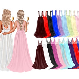 May include: Two women in long, flowing dresses, one white and one pink, stand side-by-side holding champagne flutes. Behind them are 18 additional dresses in various colors, including red, blue, purple, and green.