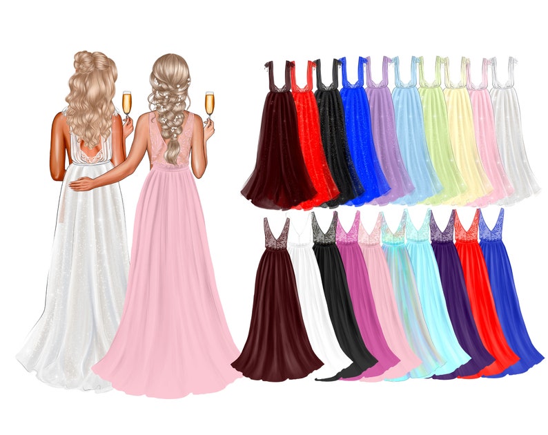 May include: Two women in long, flowing dresses, one white and one pink, stand side-by-side holding champagne flutes. Behind them are 18 additional dresses in various colors, including red, blue, purple, and green.