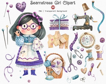 Seamstress Girl Clipart, Watercolor Fashion Designer PNG, Unique Tailor Girl Illustration, Retro Sewing Machine