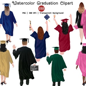 Paquete de imágenes prediseñadas de graduación en acuarela, imágenes prediseñadas únicas de graduación de mujer y hombre, gorro de graduación PNG, descarga instantánea