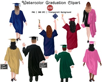 Aquarell Graduierung Clipart Bundle, einzigartige Frau & Mann Graduierung Clip Art, Abschlusskappe PNG, Instant Download