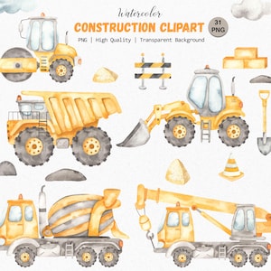 Pode incluir: Ilustração em aquarela de clipart de construção. A imagem apresenta vários veículos de construção amarelos, incluindo um rolo compressor, um caminhão basculante, uma carregadeira frontal, uma betoneira e um guindaste. Também inclui uma pá, tijolos e um cone de trânsito.