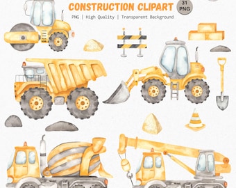 Clipart di costruzioni ad acquerello, camion da costruzione per bambini, set PNG per feste di compleanno