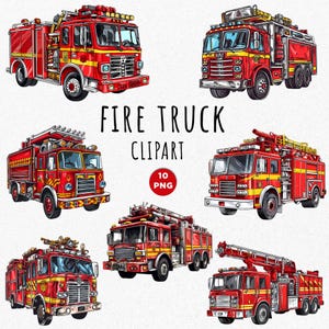 Pode incluir: Uma coleção de seis caminhões de bombeiros vermelhos ilustrados com detalhes amarelos e escadas, incluindo o texto FIRE TRUCK CLIPART 10 PNG. Cada veículo é retratado de um ângulo diferente, exibindo vários equipamentos de emergência.
