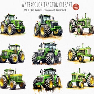 May include: Watercolor clipart featuring nine green tractors with yellow wheels. The tractors vary in design, showcasing different models and styles. The text "WATERCOLOR TRACTOR CLIPART" is at the top, with additional text indicating the image is PNG and high quality.