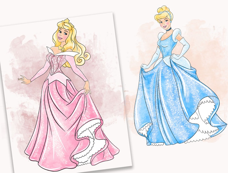 Pu&ograve; includere: Due illustrazioni di principesse Disney in abiti da ballo. La principessa a sinistra indossa un abito rosa con un bordo di pizzo bianco. La principessa a destra indossa un abito blu con un bordo di pizzo bianco.
