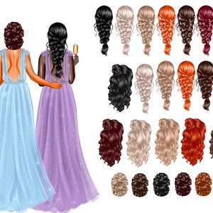 May include: Two women in formal dresses, one in light blue and one in purple, stand side-by-side. The woman in the purple dress is holding a glass of champagne. The image includes a variety of hairstyles, including braids, buns, and loose waves.