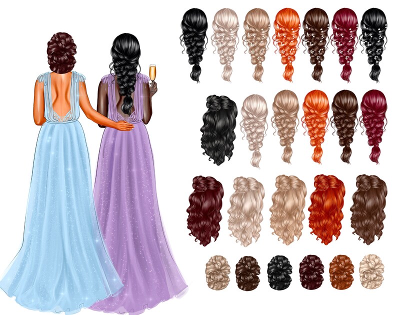 May include: Two women in formal dresses, one in light blue and one in purple, stand side-by-side. The woman in the purple dress is holding a glass of champagne. The image includes a variety of hairstyles, including braids, buns, and loose waves.