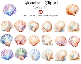Watercolor Seashells Clipart, Unique Seashell Png, Ocean Beach Clip art, Nautical Themed, Scrapbook, Instant Download