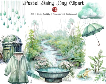 Pastel Rainy Day Clipart, Unique Rain PNG, Rainfall Png, Rainboots Umbrellas  Rain Drops Graphic Files, Weather Clipart