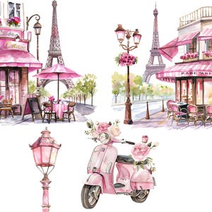 May include: A watercolor illustration of a Parisian street scene with pink and white buildings, a pink scooter, and a street lamp. The buildings have pink awnings and the text "Paree" is visible on one of the buildings.