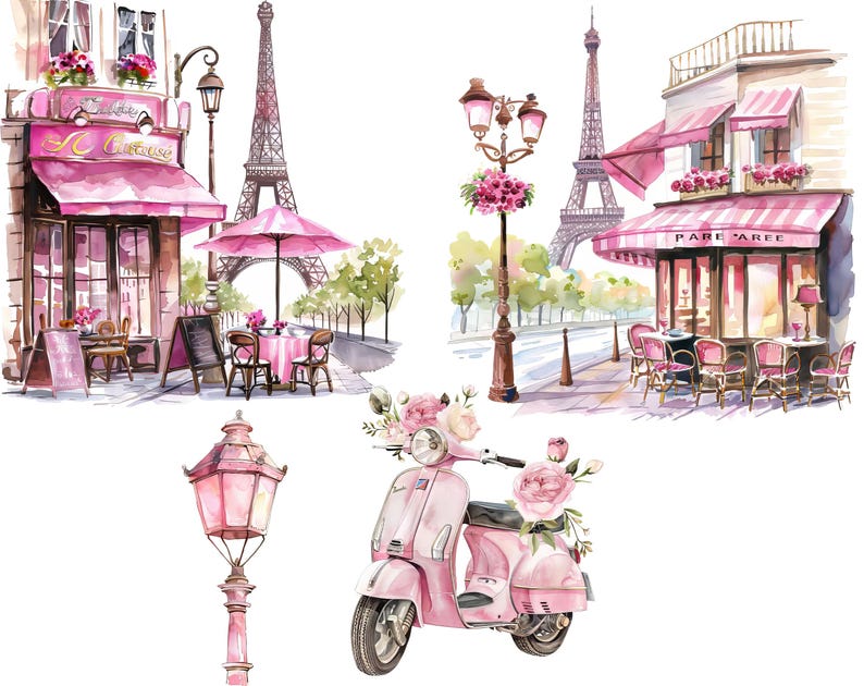 May include: A watercolor illustration of a Parisian street scene with pink and white buildings, a pink scooter, and a street lamp. The buildings have pink awnings and the text "Paree" is visible on one of the buildings.