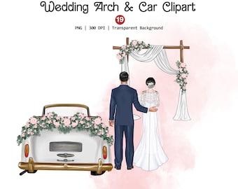 Wedding Day Clipart, Unique Wedding Arch Png, Wedding Car illustration, Marriage Clipart Png, Bride and Groom Png, Instant Download