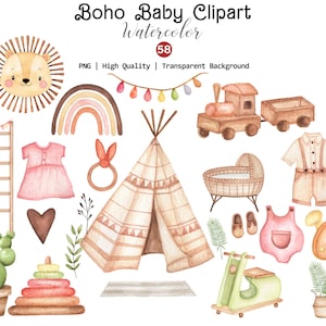 Boho Baby Clipart, Unique Baby Shower Png, Watercolor Baby Clipart, Newborn Boho Kit, Cute Nursery Png