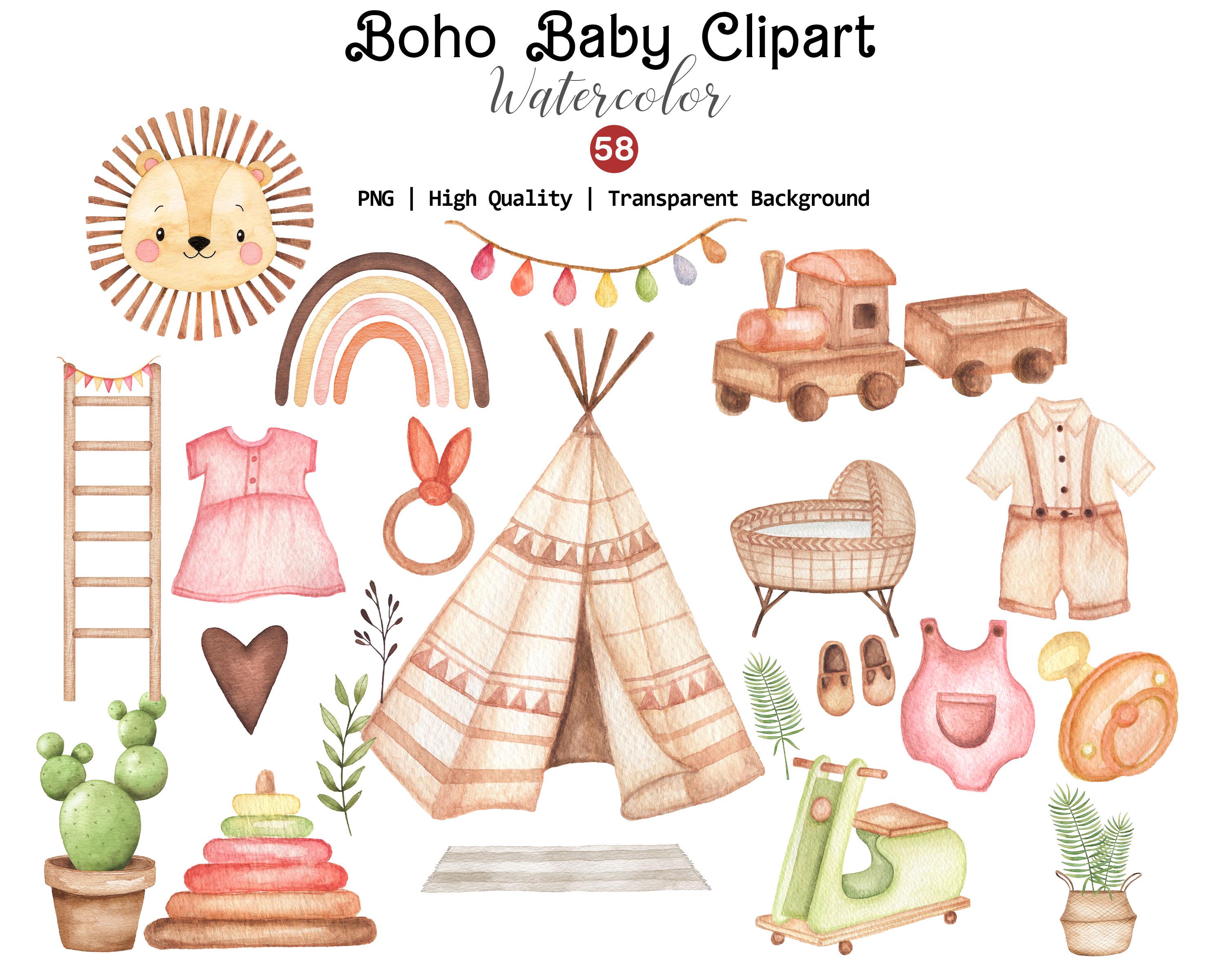 Boho Baby Clipart, Unique Baby Shower Png, Watercolor Baby Clipart ...