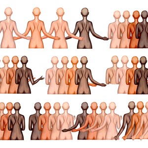 May include: A group of 30 women standing back to back in a circle, with their arms linked. The women are of different skin tones, representing diversity.
