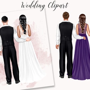 May include: A wedding illustration of a couple in formal attire. The groom is wearing a black suit with a white shirt and a black vest. The bride is wearing a white wedding dress with a lace bodice and a long veil. The bride is holding a glass of champagne.