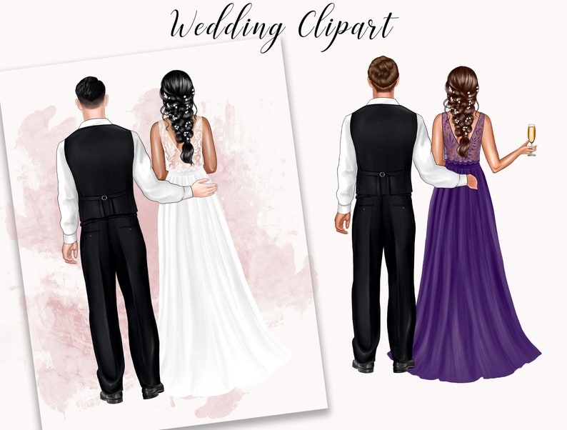 May include: A wedding illustration of a couple in formal attire. The groom is wearing a black suit with a white shirt and a black vest. The bride is wearing a white wedding dress with a lace bodice and a long veil. The bride is holding a glass of champagne.