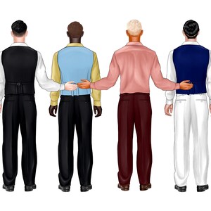 May include: Four men standing in a row, facing forward, with their hands on each other's backs. The man on the left is wearing a black suit, the next man is wearing a blue and white patterned shirt, the third man is wearing a pink shirt, and the man on the right is wearing a white shirt with a blue vest.