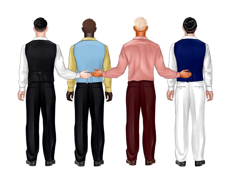 May include: Four men standing in a row, facing forward, with their hands on each other's backs. The man on the left is wearing a black suit, the next man is wearing a blue and white patterned shirt, the third man is wearing a pink shirt, and the man on the right is wearing a white shirt with a blue vest.