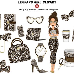 May include: An illustration featuring a woman and various leopard print items. Includes a laptop, handbag, watch, high heels, glasses, bow, pen, notebook, phone, coffee cup, scissors, and tape. The image is labelled "LEOPARD GIRL CLIPART".