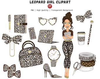 Leopard Girl Clipart, Unique Planner Girl Elements, Office Boss Girl Png, Cheetah Clipart, Leopard Fashion Clipart