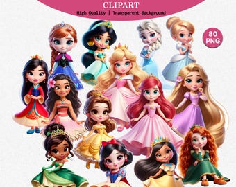 Puede incluir: Una colección de imágenes prediseñadas de princesas de dibujos animados con varios vestidos y peinados. La imagen incluye el texto "LITTLE PRINCESS CLIPART" y "High Quality | Transparent Background". La imagen también incluye el texto "80 PNG".