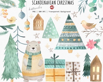 Scandinavian Christmas Clipart, Watercolor Nordic Winter PNG, Cute Holiday Season Clipart, Folk Art Hygge Xmas Decor