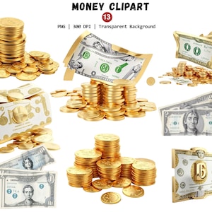 Imágenes prediseñadas de dinero dorado, billetes de dólar de lujo de fantasía PNG, imágenes prediseñadas de dinero y monedas, gráficos de dibujos animados de dinero, descarga instantánea