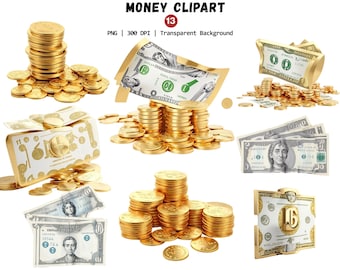 Gold Money Clipart, Fantasy Luxury Dollar Bills PNG, Rich Cash & Coins Clip Art, Cartoon Money Graphics, Instant Download