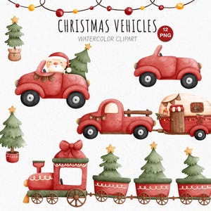 Puede incluir: Conjunto de imágenes prediseñadas de acuarela con vehículos navideños, que incluyen un coche rojo con Papá Noel, un camión rojo, un descapotable rojo y un tren con árboles de Navidad. La imagen también incluye una caravana y árboles de Navidad. El texto dice "Christmas Vehicles Watercolor Clipart".