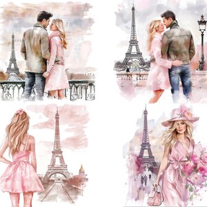 May include: A collage of four watercolor paintings featuring couples in Paris. Each painting depicts a couple in love, with the Eiffel Tower in the background. The paintings are in shades of pink, white, and gray.