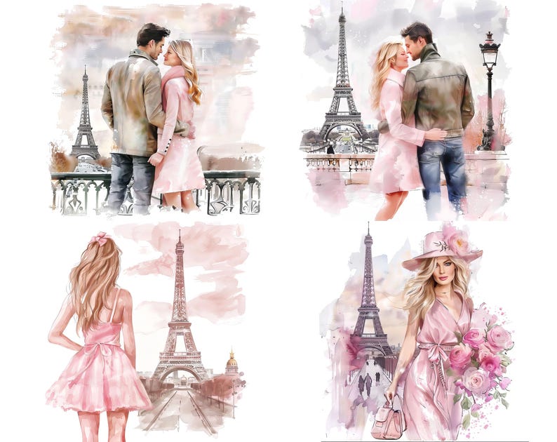 May include: A collage of four watercolor paintings featuring couples in Paris. Each painting depicts a couple in love, with the Eiffel Tower in the background. The paintings are in shades of pink, white, and gray.