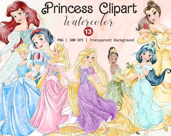 Watercolor Princess Clipart, Unique Hand Drawn Princess Graphics, Beautiful Princess PNG, Instant Download