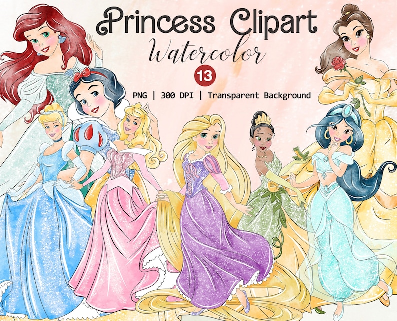 This gorgeous princess clipart set, enchanted with water colors, is the secret to infusing your projects with magic. designed to give your flyers, invitations, fairy tales, and many more projects a touch of luxury.