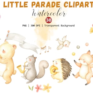 Clipart de pequeño desfile de acuarela, clipart de animales lindos PNG, desfile de fiesta musical único PNG, descarga instantánea