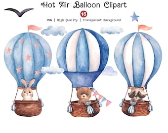 Hot Air Balloon Clipart, Watercolor Air Balloon, Unique Baby Shower Png, Cute Nursery Png, Birthday & Newborn Clipart, It's a Boy