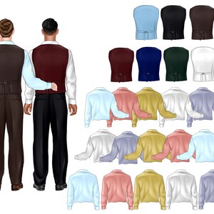May include: Two men wearing brown and burgundy vests with matching pants. The men are standing side-by-side. Behind them are 18 different colored vests, including blue, red, green, white, and black.