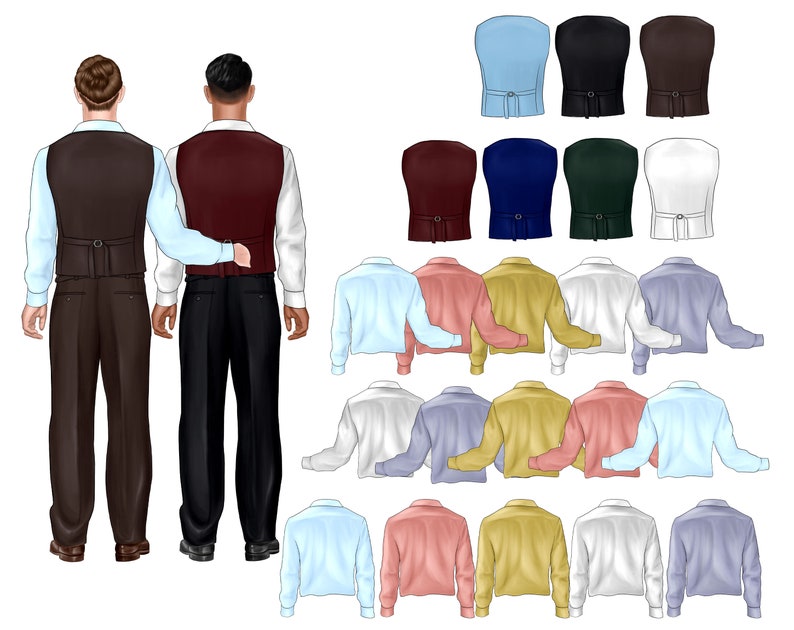 May include: Two men wearing brown and burgundy vests with matching pants. The men are standing side-by-side. Behind them are 18 different colored vests, including blue, red, green, white, and black.