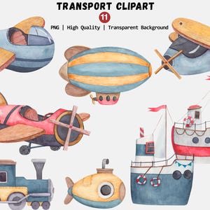 Ensemble de cliparts transport, aquarelle transport Png, clipart avion Unique, dirigeable mignon Png, Clipart train, baby shower Png