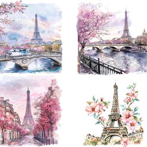 May include: Four watercolor paintings featuring the Eiffel Tower in Paris, France. The first painting shows the Eiffel Tower with a bridge and river in the foreground. The second painting shows the Eiffel Tower with a bridge and river in the foreground and a pink cherry blossom tree in the background. The third painting shows the Eiffel Tower with a street lined with trees in the foreground. The fourth painting shows the Eiffel Tower with a pink cherry blossom tree in the foreground.