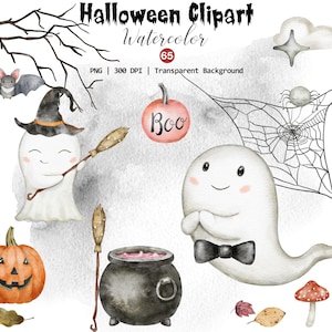 Watercolor Halloween Clipart, Unique Ghost Png, Spooky Clipart, Cute Halloween Party Decor Png, Watercolor Pumpkin Clipart