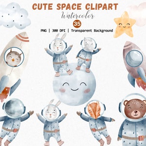 Aquarell Weltraum Clipart, Astronaut Png, süße Geburtstag Clipart, Rocketship Png, Weltraum Tiere, Baby Dusche Clipart