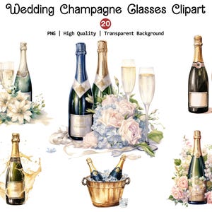 Clipart di bicchieri da champagne per matrimonio, acquerello di bicchieri da champagne per matrimonio png, clipart di matrimonio, bottiglia e bicchiere di champagne floreale