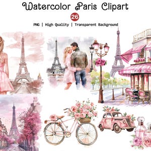 Watercolor Paris Clipart, Unique Paris PNG, Romantic Clipart, Pink Paris Illustrations, Bonjour Woman Png, French Cafe Png