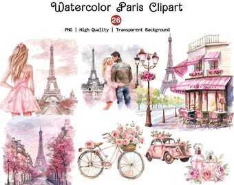 Watercolor Paris Clipart, Unique Paris PNG, Romantic Clipart, Pink Paris Illustrations, Bonjour Woman Png, French Cafe Png