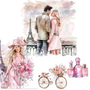 May include: A watercolor illustration of a couple in Paris. The woman is wearing a pink dress and a hat. The man is wearing a brown jacket and jeans. They are standing in front of the Eiffel Tower. There is a bicycle with a basket of flowers in the foreground.