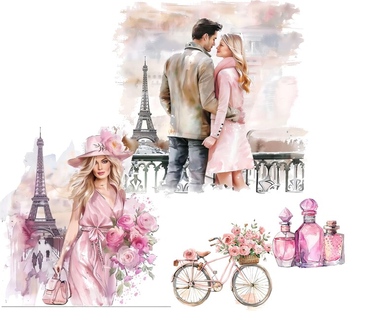 May include: A watercolor illustration of a couple in Paris. The woman is wearing a pink dress and a hat. The man is wearing a brown jacket and jeans. They are standing in front of the Eiffel Tower. There is a bicycle with a basket of flowers in the foreground.